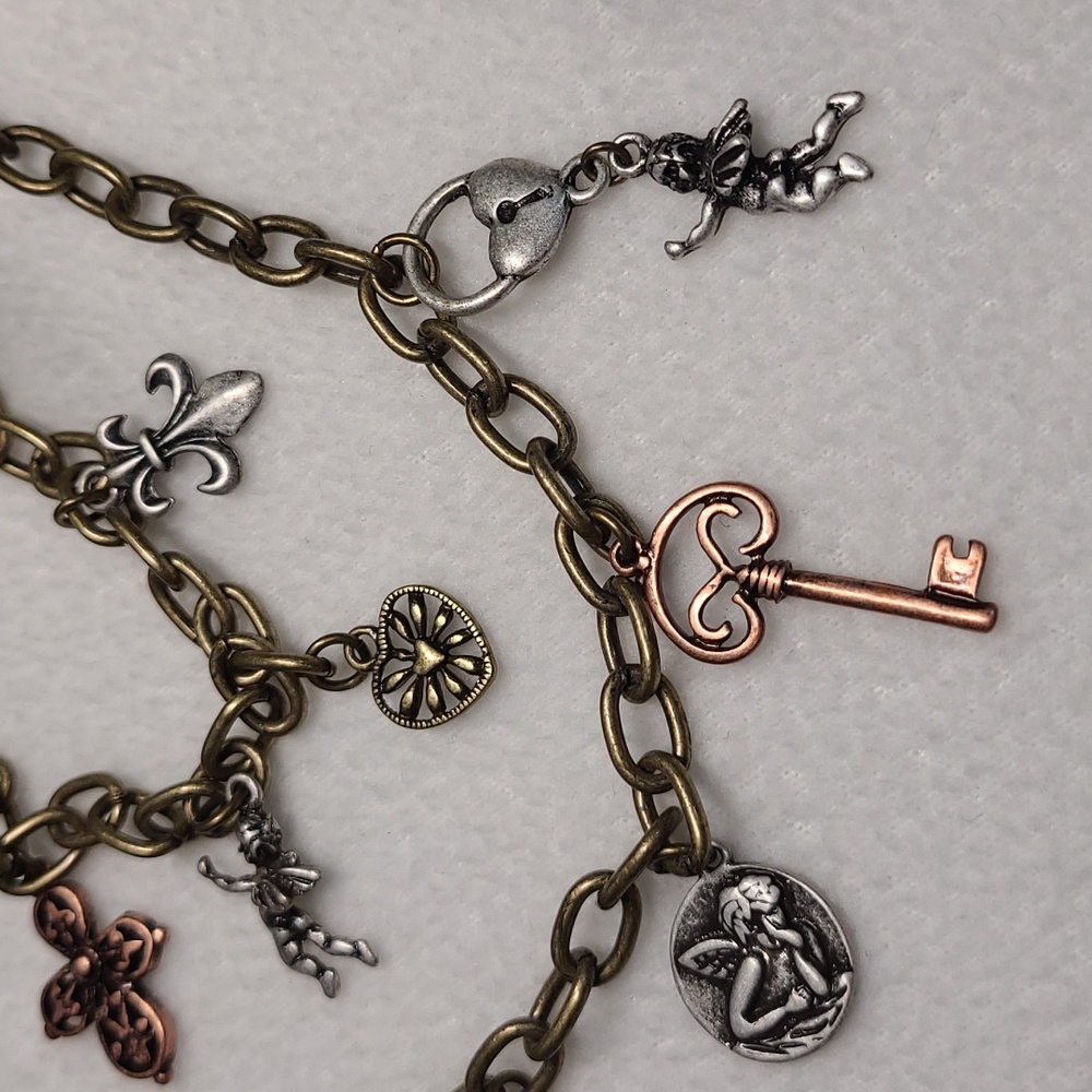 Charms Pendant Necklace 2 Strand Lock Key Fleur-de-lis Cherub Gold Silver Bronze - Picture 5 of 10